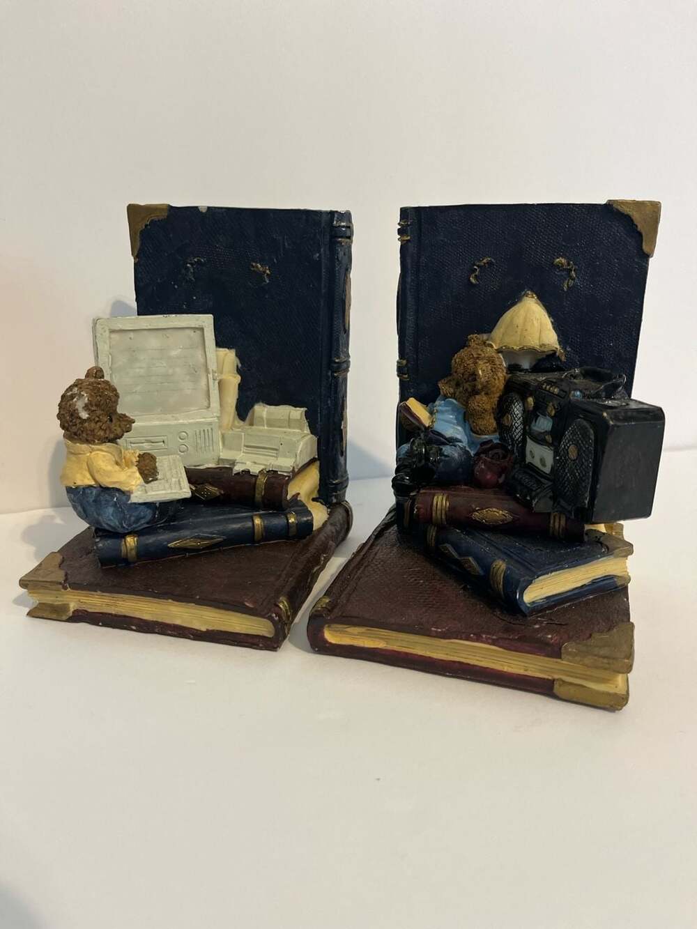 Pair of Music Book Bookends Musician Teddy Bears with Musical Instruments READ